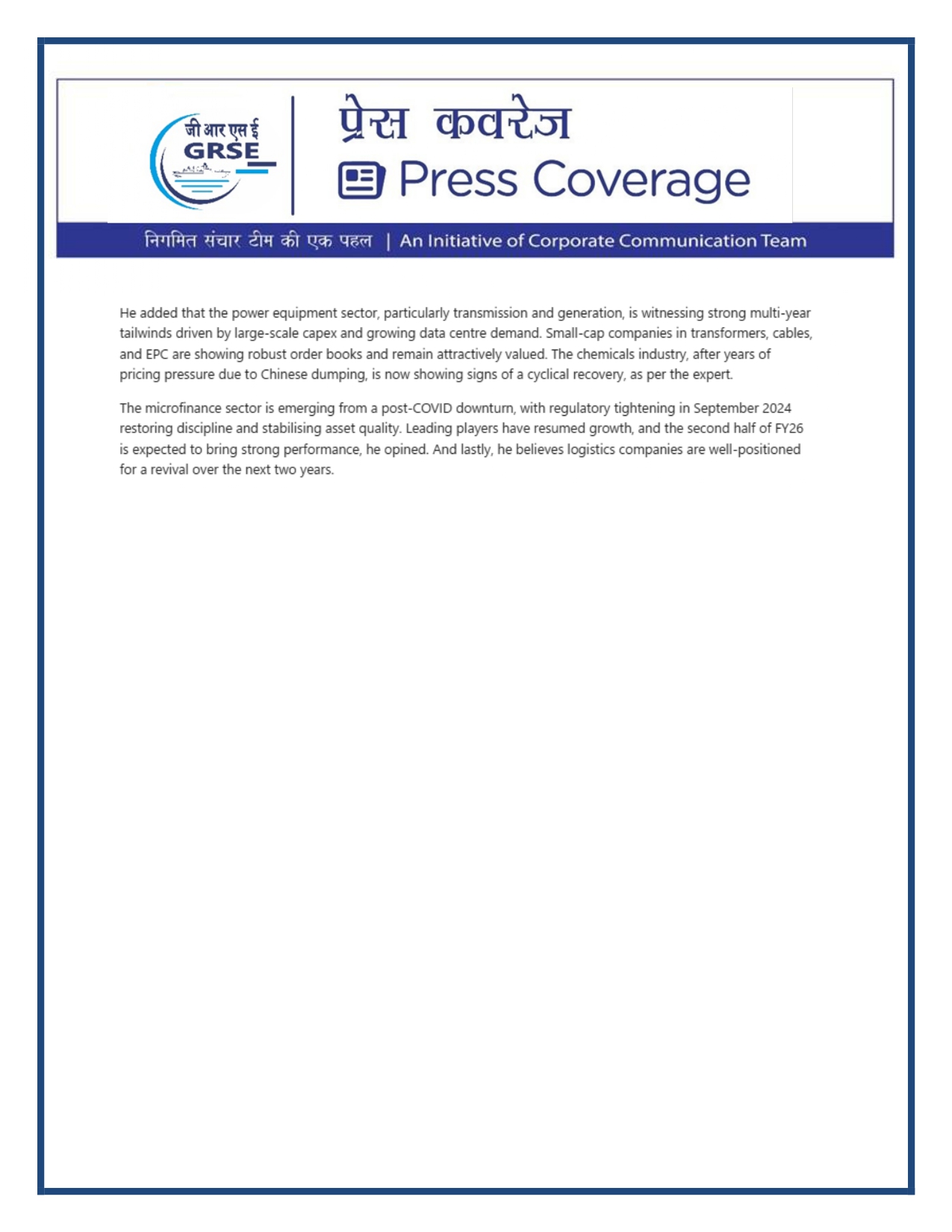 Press Coverage: 17 Oct 25:GRSE Strengthens Indigenous Research Shipbuilding with Keel Laying of Acoustic Research Ship for NPOL